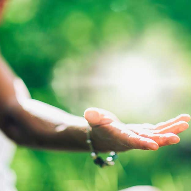Open hand against soft green foliage